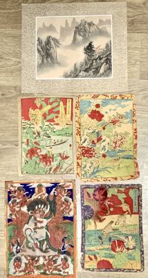 אוסף 5 ציורים מהמזרח הרחוק כולל אחד גואש - אחד אקורל יפני - 3 הדפסים צבועים ביד חתומים( ללא 