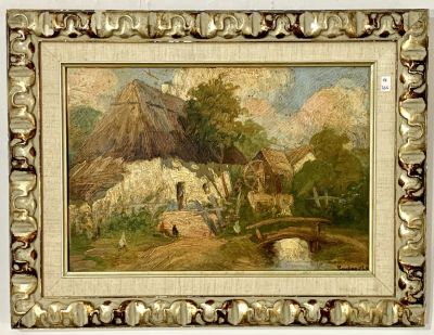 ציור עתיק איכותי שמן על משטח חתימה לא מזוהה נוף כפרי 33X22 ס''מ - 
מסגרת 35X45 ס"מ