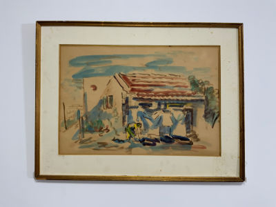 דוד הנדלר - DAVID HENDLER אקוורל דמות בחצר חתום : 33X49 ס''מ, מסגרת 48X63 ס''מ (מסגרת לא במצב 