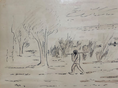 דוד הנדלר DAVID HENDLER אקוורל דמות ביער חתום : 34X24 ס''מ, מסגרת 47X35 ס''מ