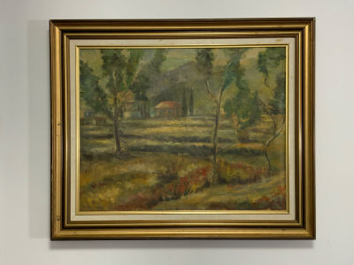 מליטה שיפר - MELITA SHIFER - ציור שמן על בד נוף כפרי (מעט סדקים קטנים בציור ראו בתמונות) חתום 