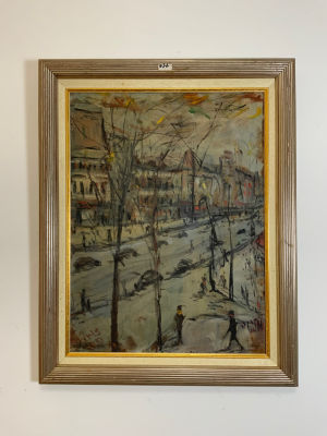 מליטה שיפר - MELITA SHIFER - שמן על משטח רחובות העיר חתום בעברית ובלועזית 52X39 ס''מ, מסגרת: 