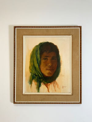 וינטרוב WEINTROB ציור שמן על בד נערה עם מטפחת חתום 41X33 ס''מ, מסגרת: 57X49 ס''מ