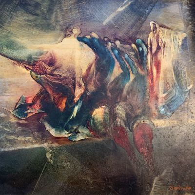 ברוקמן BRUKMAN שמן על משטח טכניקת מריחות חתום 46X41 ס''מ, מסגרת: 55X60 ס''מ