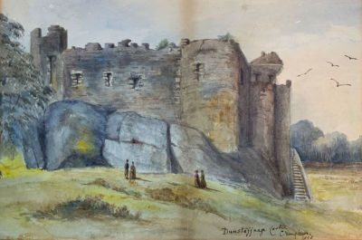 ציור אקוורל חתום ומתוארך 1896 עם שם הטירה DUMSTAFFNAGE CASTLE פגמים קלים בנייר נא ראו בתמונות 
