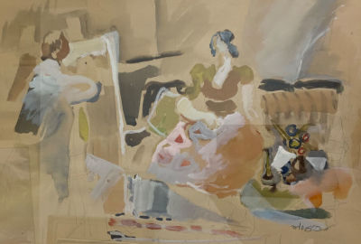 רוזנטליס ROSENTHALIS גואש דמויות בחדר חתום 34X49 ס''מ, מסגרת 55X70 ס''מ