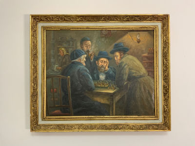 יעקב וסובר WASOVER YAACOV גברים חרדים משחקים שחמט מתוארך 1967 חתום מקדימה ובגב הציור 40X50 ס''מ 