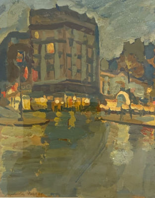 ציור שמן עתיק חתום ומתוארך שנת 1951 נוף אורבני : 18X23 ס''מ, מסגרת 36X41 ס''מ