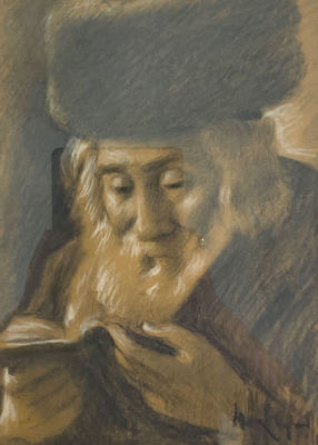 ציור מקורי דמות רב חתום אך לא מזוהה : 31X23 ס''מ, מסגרת 50X42 ס''מ