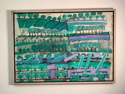 שמעון אבני AVNI SHIMON - שמן על בד נוף ירוק מתוארך 1985 חתום גדולה מרשימה : 99X69 ס''מ, מסגרת 