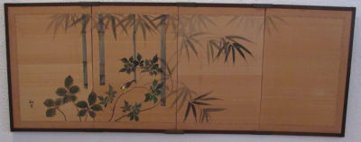 ציור יד על בד משי מעוטר במבוק ופריחת הדובדבן חתום בנוי מ-4 חלקים מידת מסגרת 160X61 ס''מ