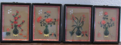 לוט 4 מסגרות שבותכן דמוי אבני חן סינטטיות כנראה פלסטיק בצורות פרחים וציפורים עבודת אמן כולם 