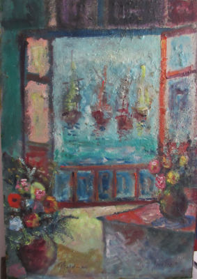 גולדמן אלברט ציור מיוחד - שמן על משטח (ללא מסגרת) נוף בית בנמל חתום בעברית ובלועזית מקדימה 