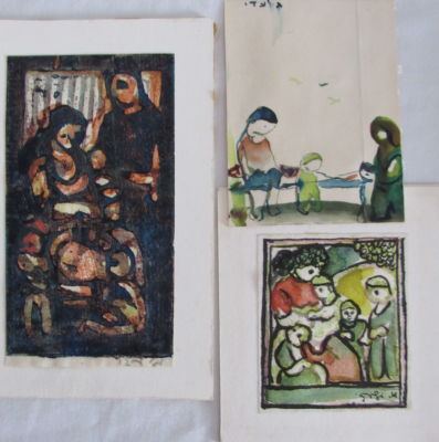 גלעדי - שלושה ציורים - צבעי מים חתומים 11X8 - 8X14.5 - 8X7 ס"מ - ( ללא מסגרות )