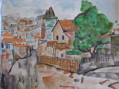 א.סטמצקי ציור דו צדדי - אקורל חתום - 28.5X33 ס"מ - ללא מסגרת