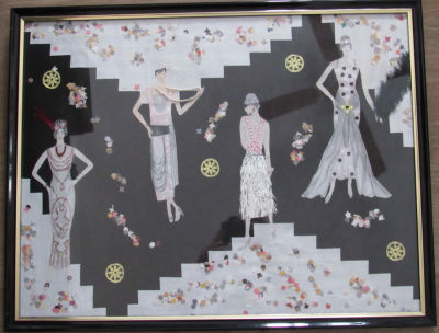 עבודת קולאז' בסגנון ארט דקו חתומה משנת 88 ממוסרת יפה - 54X69 ס"מ