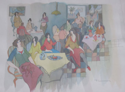 יצחק טרקאי - אקורל איכותי מקורי ישן וחתום - הרבה דמויות בבית קפה - מלווה בספר האמן בהוצאת PARK 