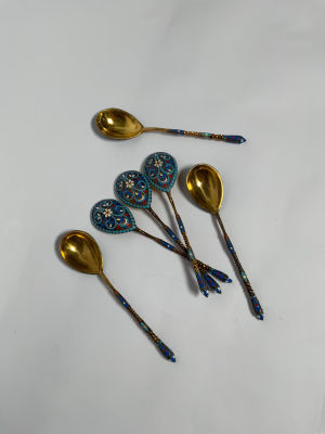 סט כפיות כסף 84 חתום מעוטר עבודת אמייל חתום משקל 77 גרם