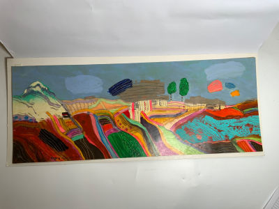 פיינגרש שמן על קרטון הר החרמון חתום בעברית ובלועזית לא ממוסגר מידה 69X27 ס''מ