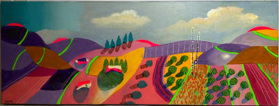 פיינגרש שמן על בד נוף בגולן חתום בעברית מידה 30X80 ס''מ