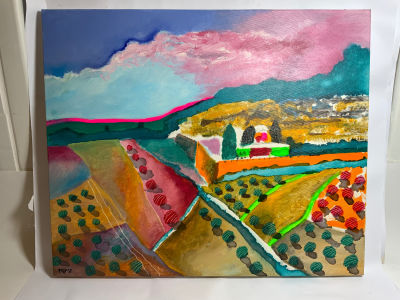 פיינגרש שמן על בד פנורמה ירושלים חתום בעברית מידה 50X60 ס''מ