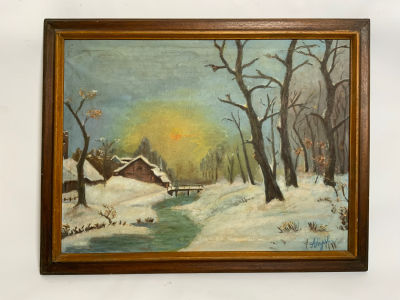 ציור שמן על בד נוף עיירה בכפר חתום מידה 47X36 ס''מ מסגרת 52X42 ס''מ