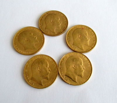 5 מטבעות זהב סוברין אנגלי - 7.98 גרם כל אחת