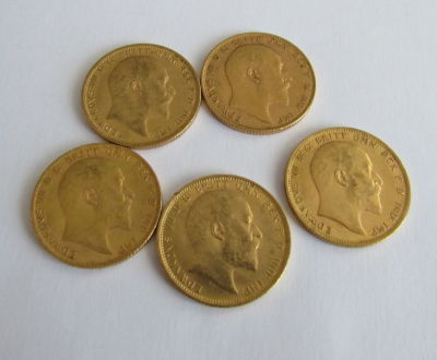 5 מטבעות זהב סוברין אנגלי - 7.98 גרם כל אחת
