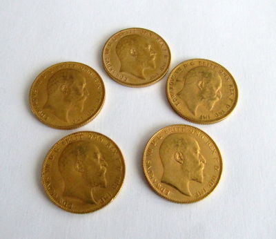 5 מטבעות זהב סוברין אנגלי - 7.98 גרם כל אחת
