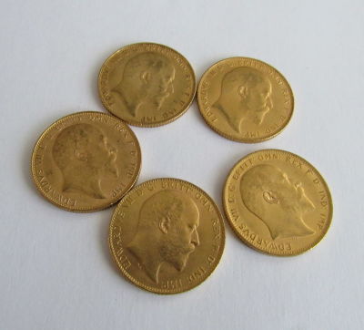5 מטבעות זהב סוברין אנגלי - 7.98 גרם כל אחת