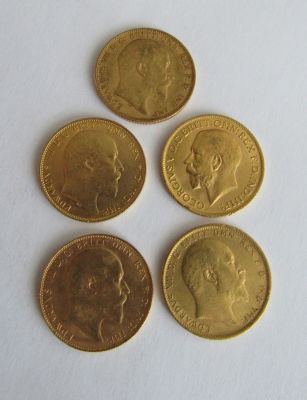 5 מטבעות זהב סוברין אנגלי - 7.98 גרם כל אחת