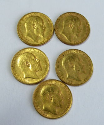 5 מטבעות זהב סוברין אנגלי - 7.98 גרם כל אחת