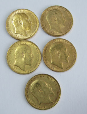 5 מטבעות זהב 22 קרט סוברין אנגלי - 7.98 גרם כל אחת