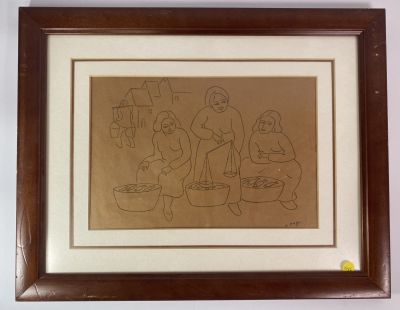 אריה מרזר רישום חתום 3 דמויות בשוק מידות כולל מסגרת 30X38 ס''מ