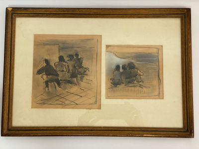 זוג רישומים צבעי פחם אחד חתום מריאנה מידות כולל מסגרת 48X33 ס''מ