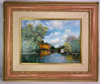 זינה רויטמן שמן על משטח חתום נוף פסטורלי מידות 27X37 ס''מ מסגרת ישנו צ'יף קטן במסגרת מידה 60X50 ס''מ