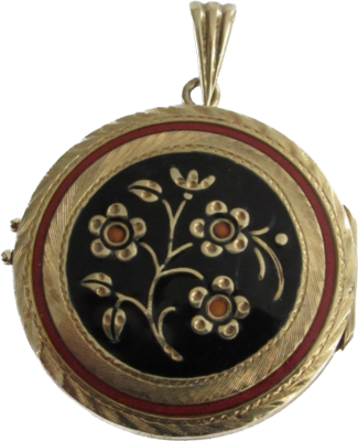 תליון נפתח לתמונות זהב 14 קרט חתום עם עיטורי אמייל קוטר 3 ס"מ