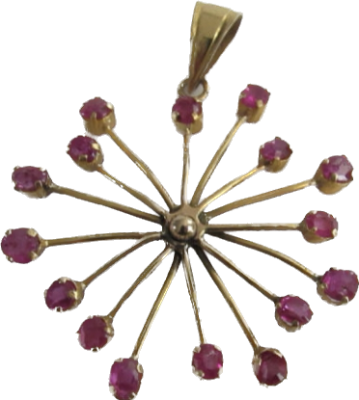 תליון זהב 14 קרט לא חתום-נבדק עם 16 רובינים אדומים טבעיים של 5 נק' כ"א צבע יפה מאוד עם ברק טוב 