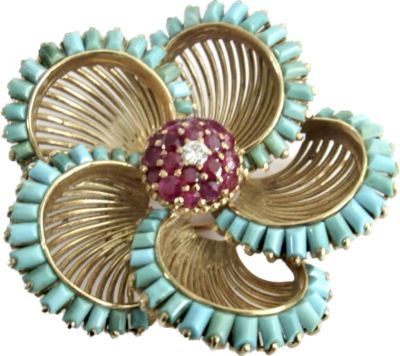 סיכת זהב 18 קרט אנגלית חתומה - היצרן MG- עבודת צורפות מעולה- תכשיט יוקרתי משנות ה60 - עם אבני 