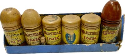 אריזת קרטון מעט פגומה 30X8X5 ס"מ WATERMAN'S - סט ישן לדיו קופסאות עץ עם בקבוקי זכוכית בתוכם - 