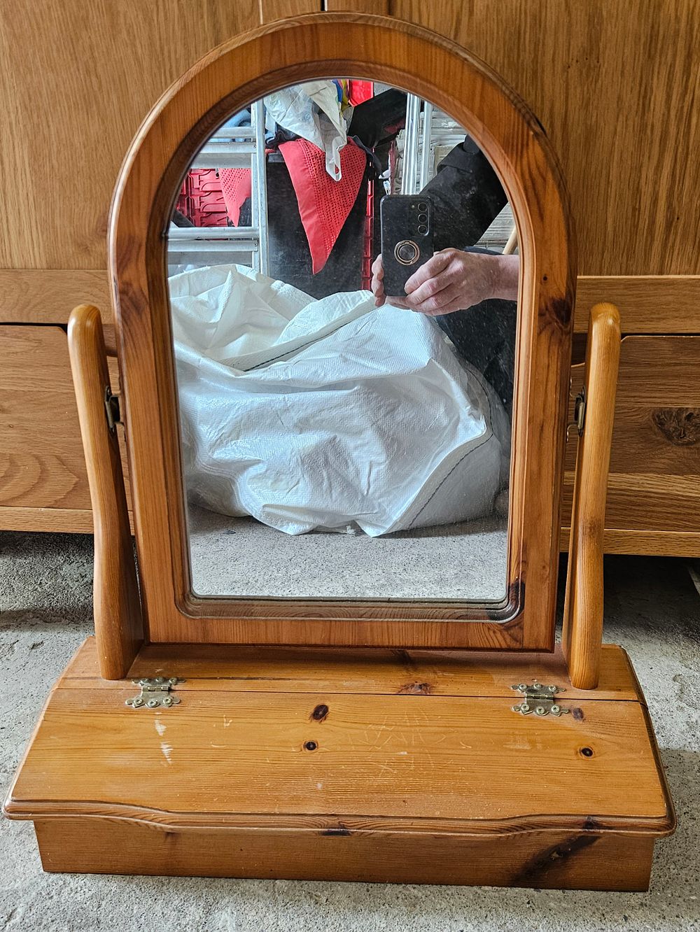 Lot 13: Pine Free Standing Mirror With Storage Box