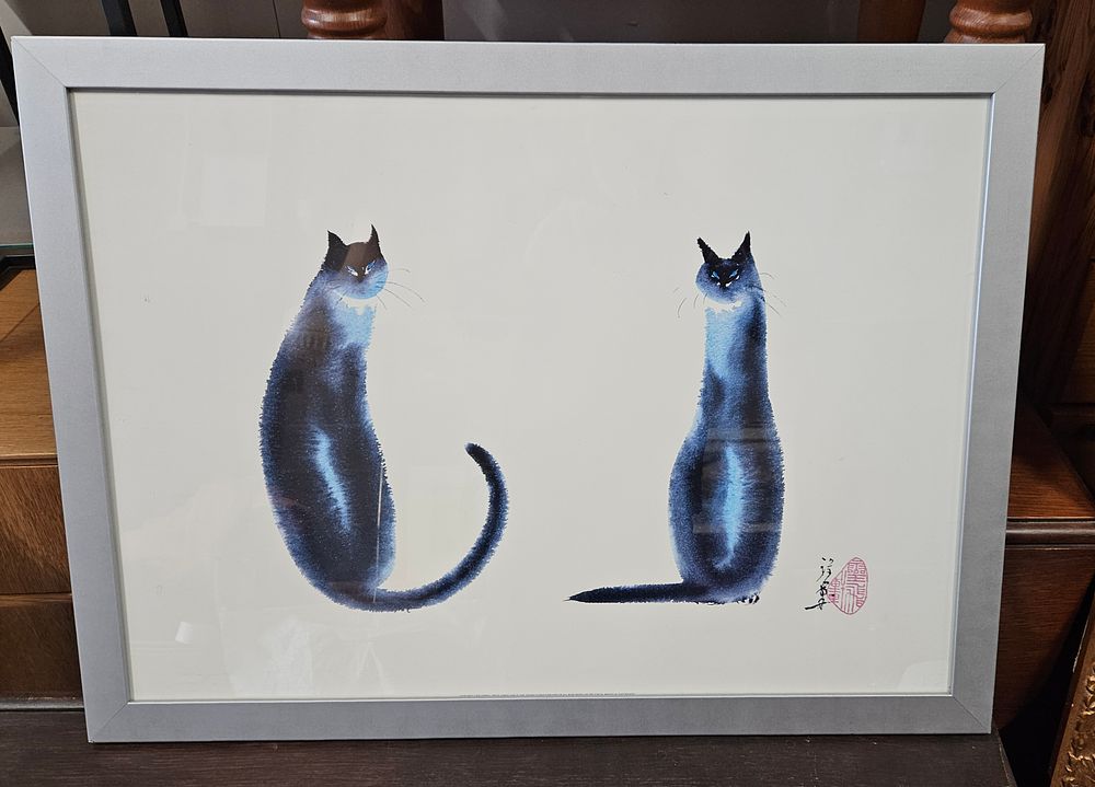 Lot 25: Large Chinese Framed Stylised Cats Picture.