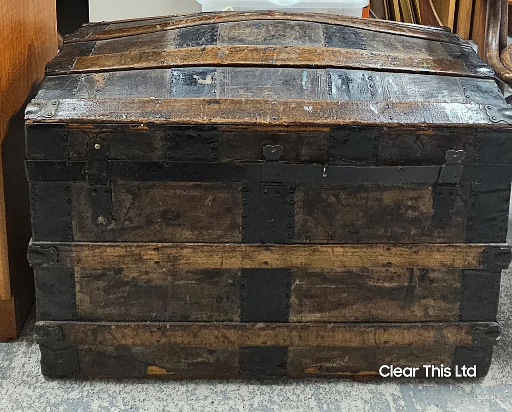 Lot 309: Antique Wooden Banded Travel Trunk