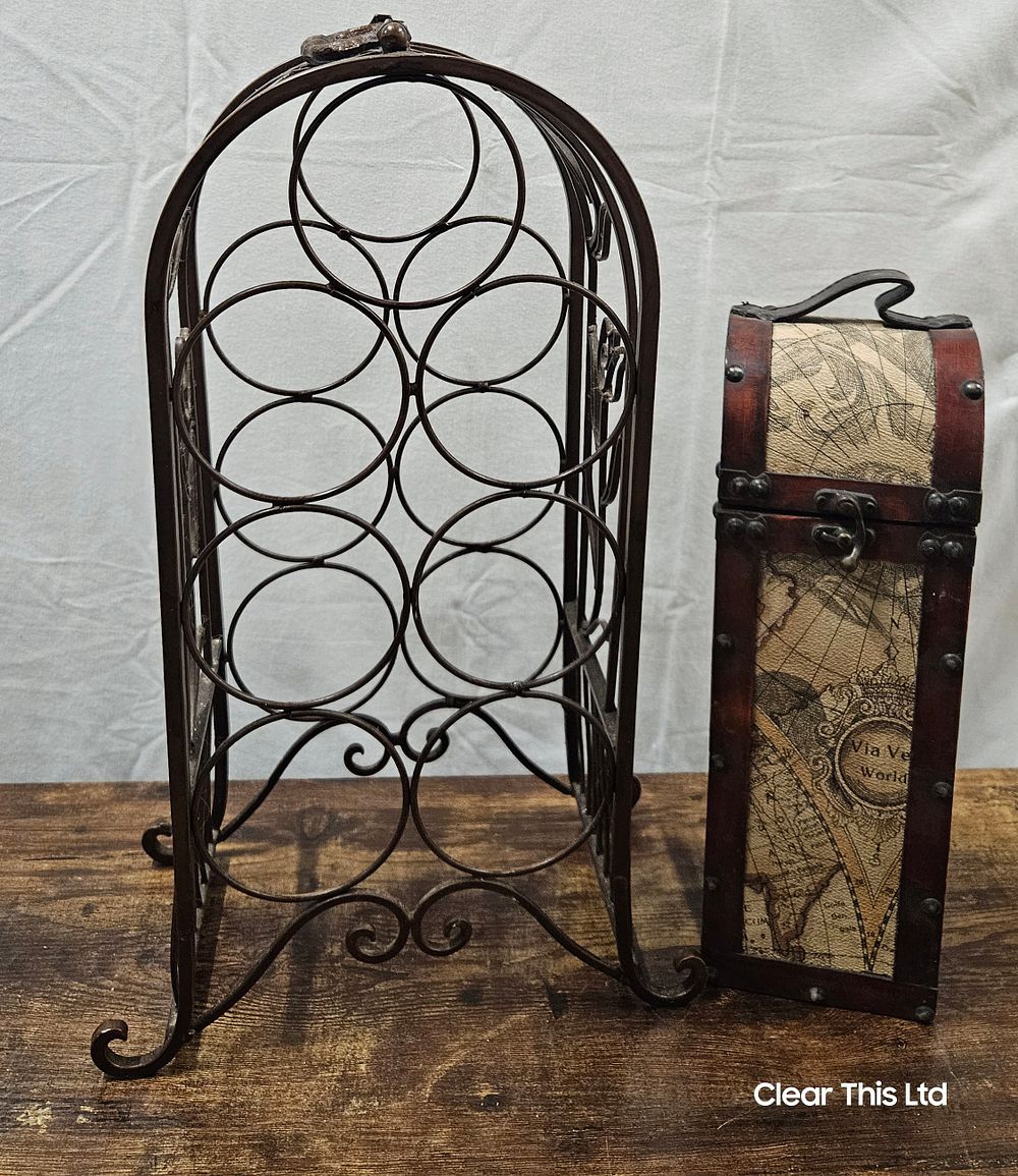 Lot 230: Seven Bottle Iron Wine Rack and a Wine Box