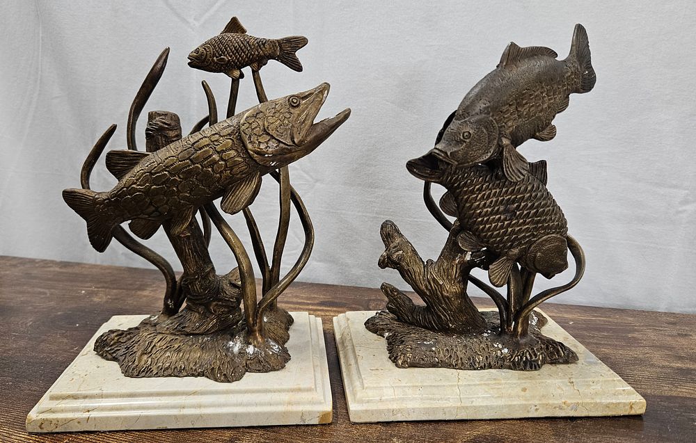 Lot 176: Two Marble Mounted Bronze Fish Sculptures