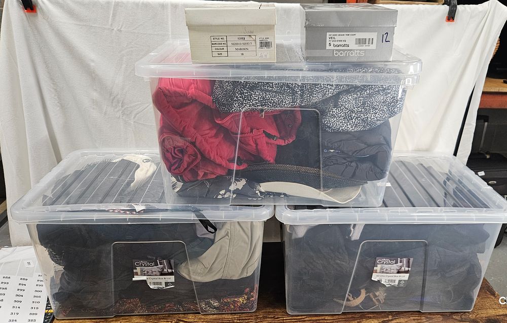 Lot 285: 3 x 60 Litre Crystal Boxes Full of Saleable Clothing and Shoes