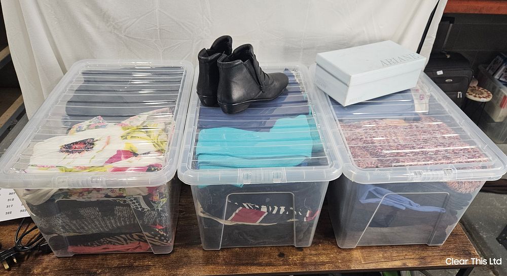 Lot 286: 3 x 60 Litre Crystal Boxes Full of Saleable Clothing and Shoes