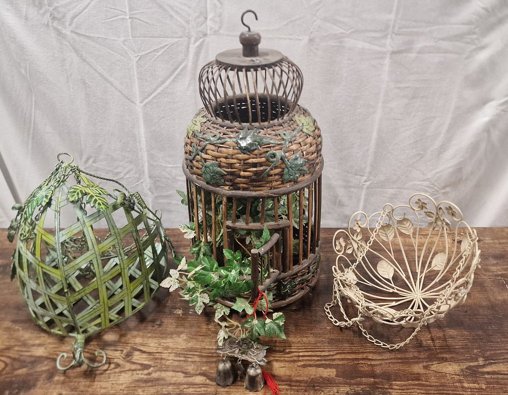 Lot 309: Two Hanging Metal Baskets And A Decorative Hanging Wicker Bird Cage