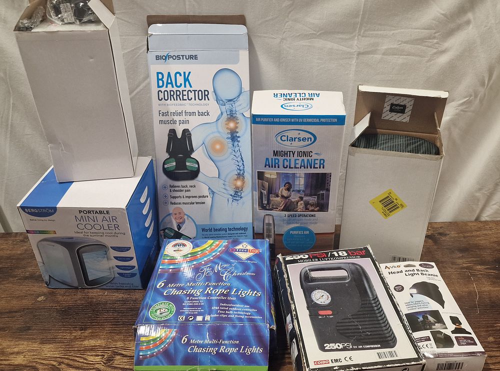 Lot 311: Job Lot Of 8 Boxed Items To Include New Mini Air Cooler, Rope Light And Mobile Air Compressor