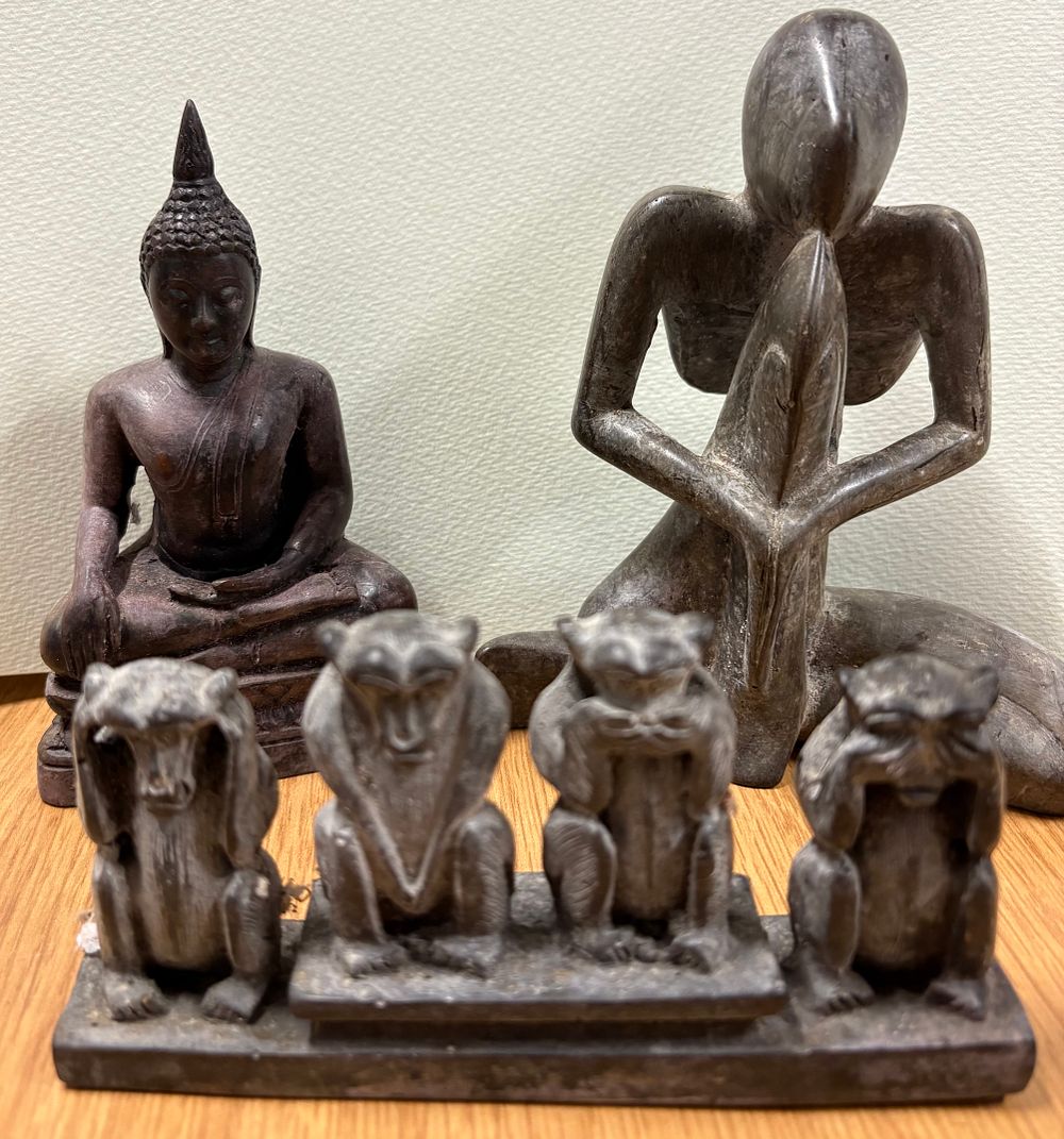 Lot 301: Four Wise Monkeys, Buddha Figures and Abstract Sculpture